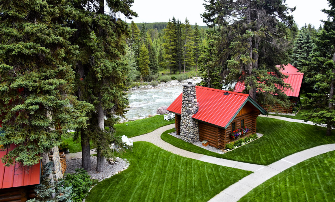 Chalet et sapins en bord de rivière